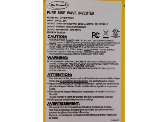 Go Power Industrial Pure Sine Wave Inverter - GFCI - 400 Watt - 24V - Image 4